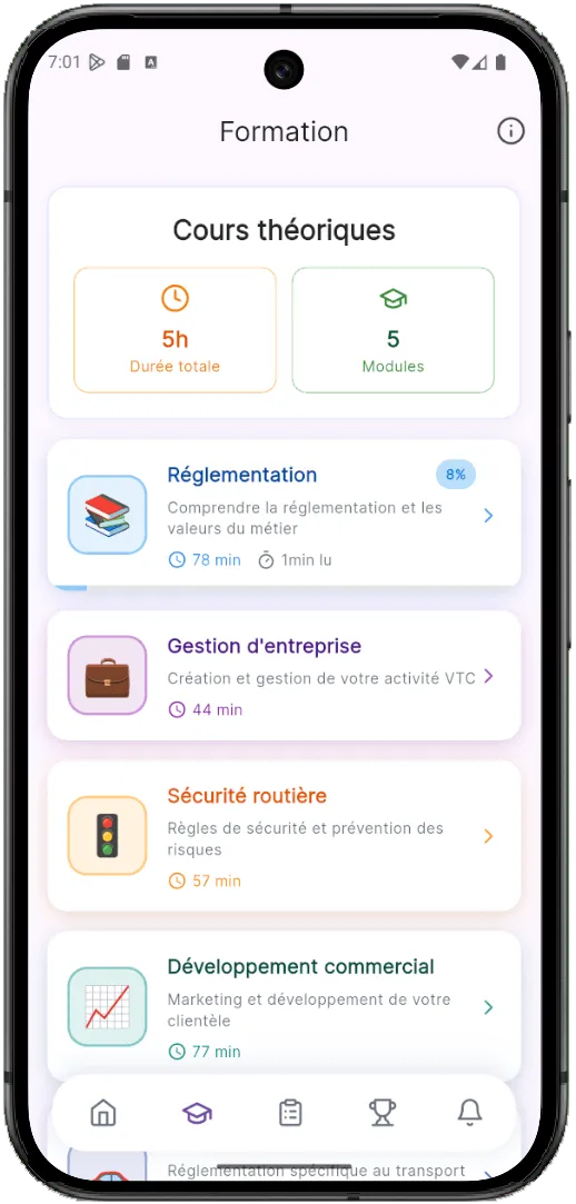 VTC Facile - Formation complète examen VTC avec 5 modules officiels et audio intégré