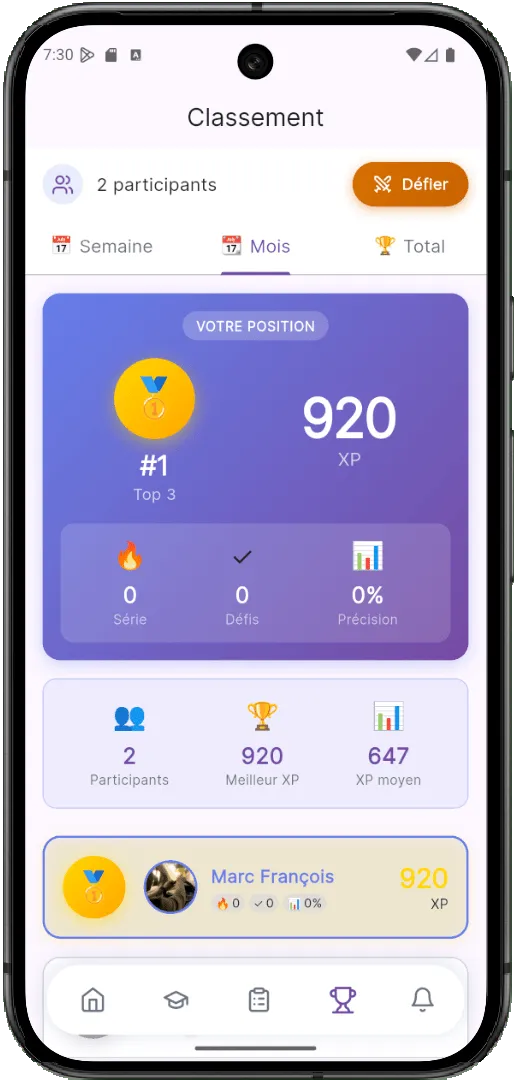 VTC Facile - Classement et leaderboard des candidats VTC avec système XP et niveaux