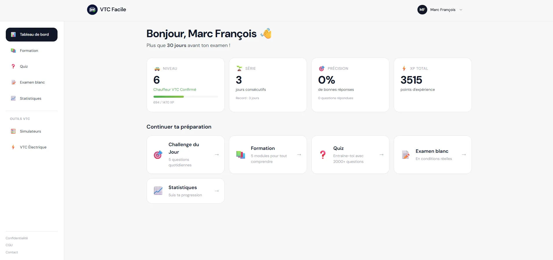 VTC Facile - Tableau de bord de la formation en ligne
